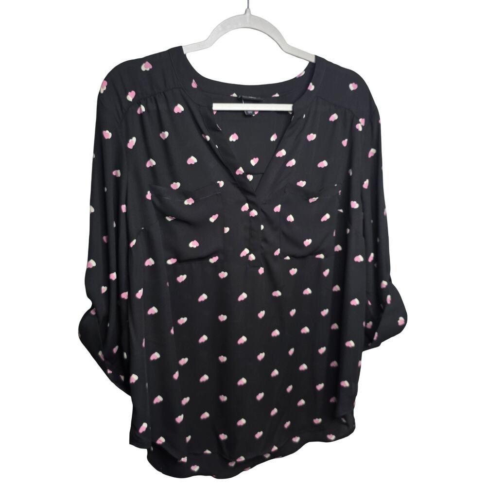 Torrid Harper Heart Print Blouse Womens Size 1 Black Pink Roll Tab Sleeve 14/16